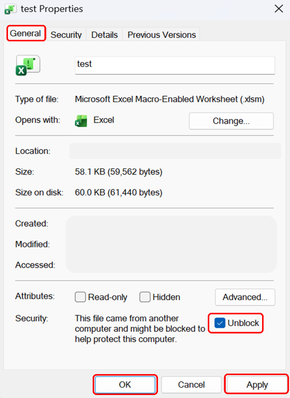 Figure 16: File properties unblock
