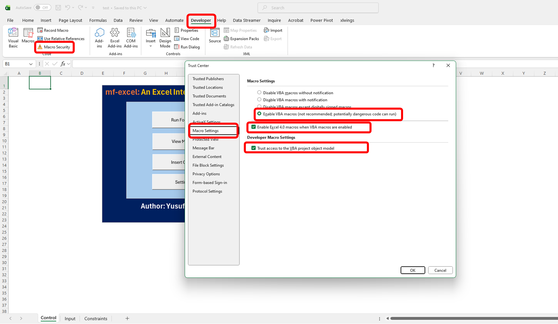 Figure 17: Macro security settings placeholder